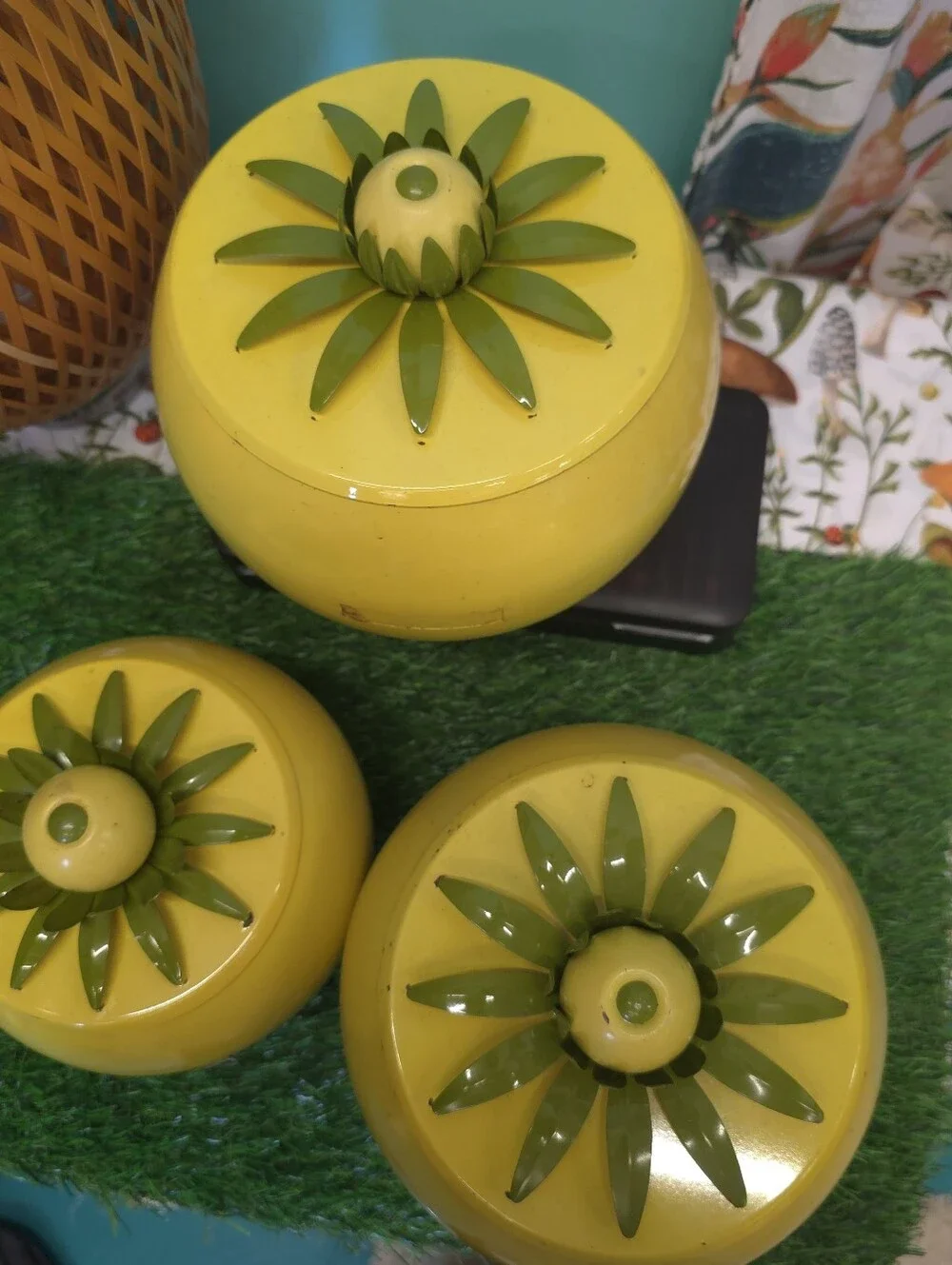 Vintage Yellow Metal Lemon Top  Tea & Sugar Canister Set